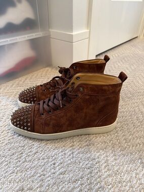 Christian Louboutin Brown Suede High-Top Sneakers with Studded Toe